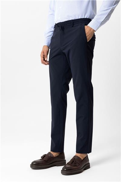 Lacivert Slim Fit Yan Cep Beli Bağcıklı Casual Pantolon