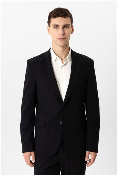 Siyah Slim Fit Mono Yaka %100 Pamuk Ceket