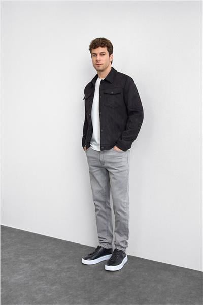 Siyah Gömlek Yaka Çıt Çıt Kapamalı Süet Ceket