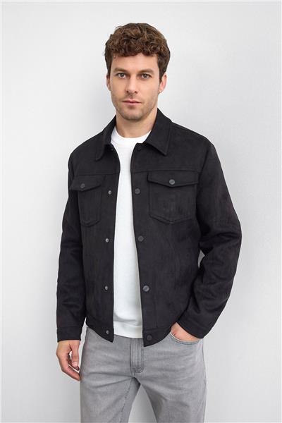 Siyah Gömlek Yaka Çıt Çıt Kapamalı Süet Ceket