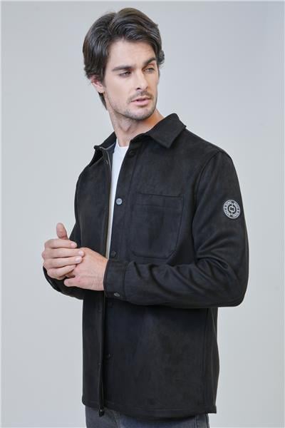 Siyah Regular Fit Gömlek Yaka Süet Gömlek Ceket