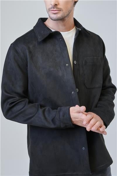 Siyah Regular Fit Gömlek Yaka Süet Gömlek Ceket