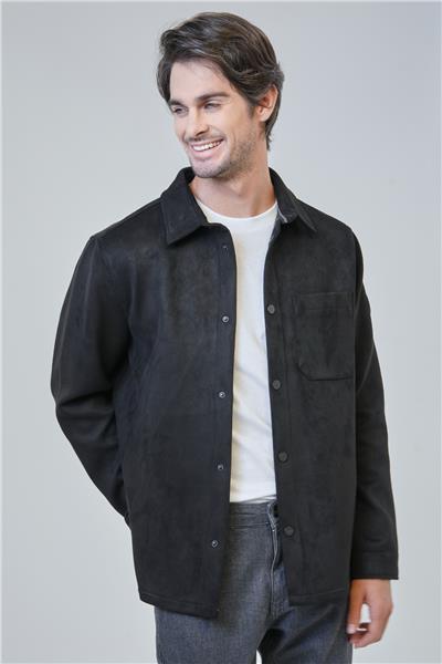 Siyah Regular Fit Gömlek Yaka Süet Gömlek Ceket
