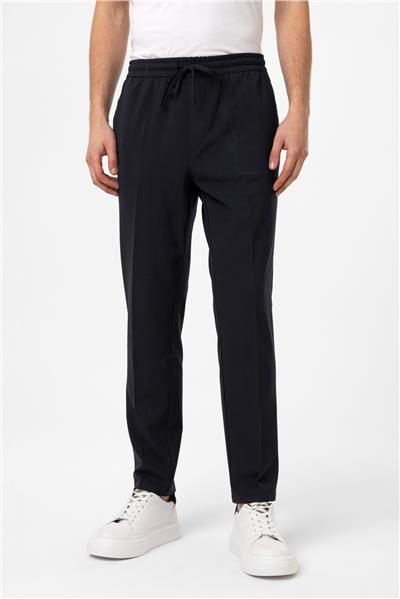 Lacivert Slim Fit Yan Cep Beli Bağcıklı Casual Pantolon