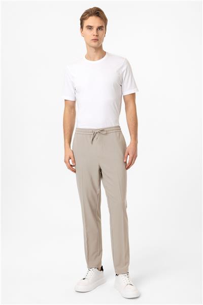 Bej Smart Fit Yan Cep Beli Bağcıklı Casual Pantolon