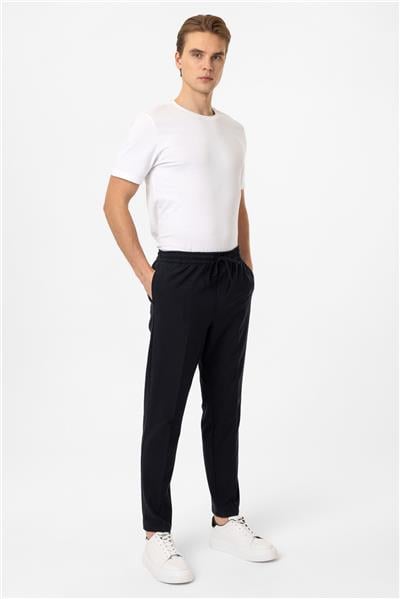 Lacivert Slim Fit Yan Cep Beli Bağcıklı Casual Pantolon