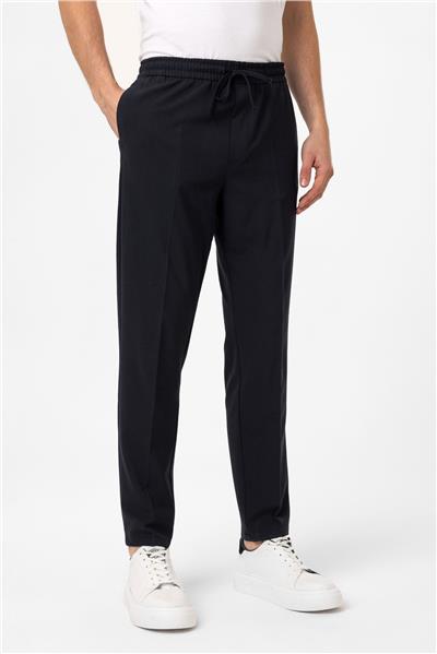 Lacivert Slim Fit Yan Cep Beli Bağcıklı Casual Pantolon