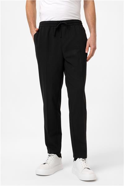 Siyah Smart Fit Yan Cep Beli Bağcıklı Casual Pantolon