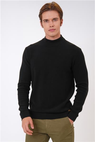 Siyah Regular Fit Pamuklu Yarım Balıkçı Yaka Triko Kazak