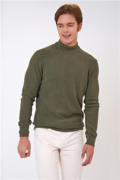 Haki Regular Fit Pamuklu Yarım Balıkçı Yaka Triko Kazak