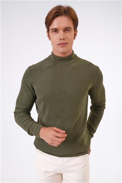 Haki Regular Fit Pamuklu Yarım Balıkçı Yaka Triko Kazak