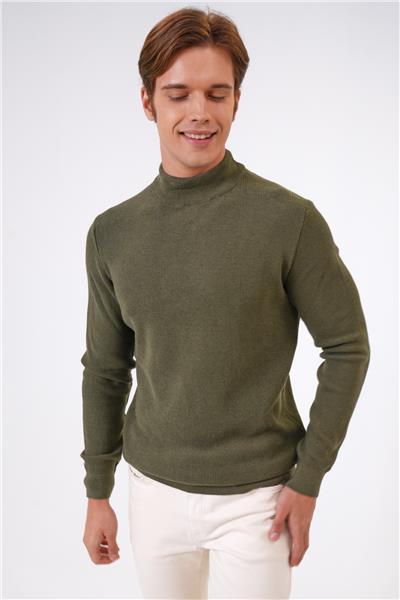 Haki Regular Fit Pamuklu Yarım Balıkçı Yaka Triko Kazak
