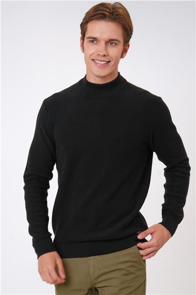 Siyah Regular Fit Pamuklu Yarım Balıkçı Yaka Triko Kazak