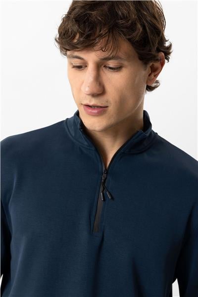 Lacivert Regular Fit Dik Yaka Yarım Fermuarlı Sweatshirt
