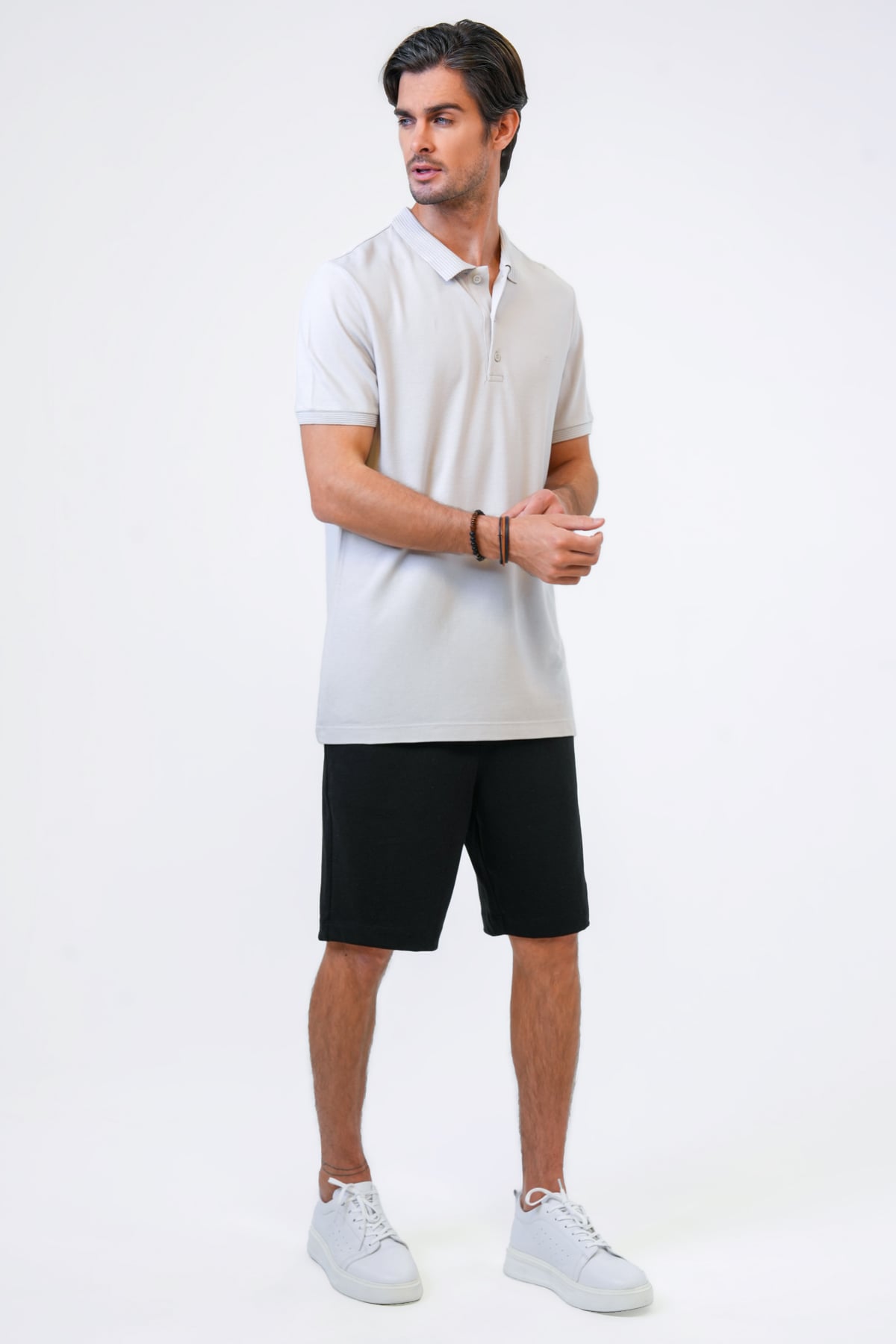 Açık Gri Slim Fit Pamuklu Polo Yaka Tişört