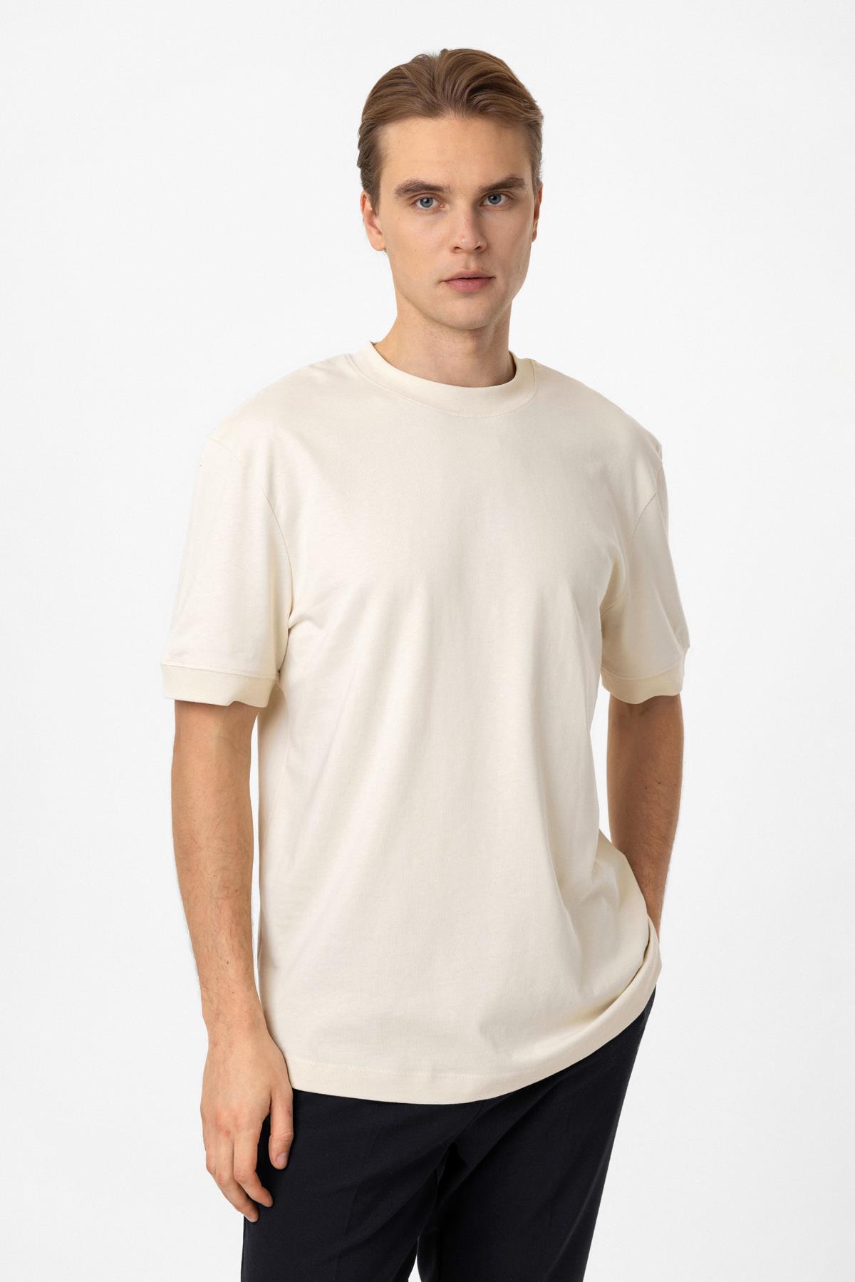 Bej Relaxed Fit %100 Pamuk Kısa Kollu Bisiklet Yaka Sweatshirt