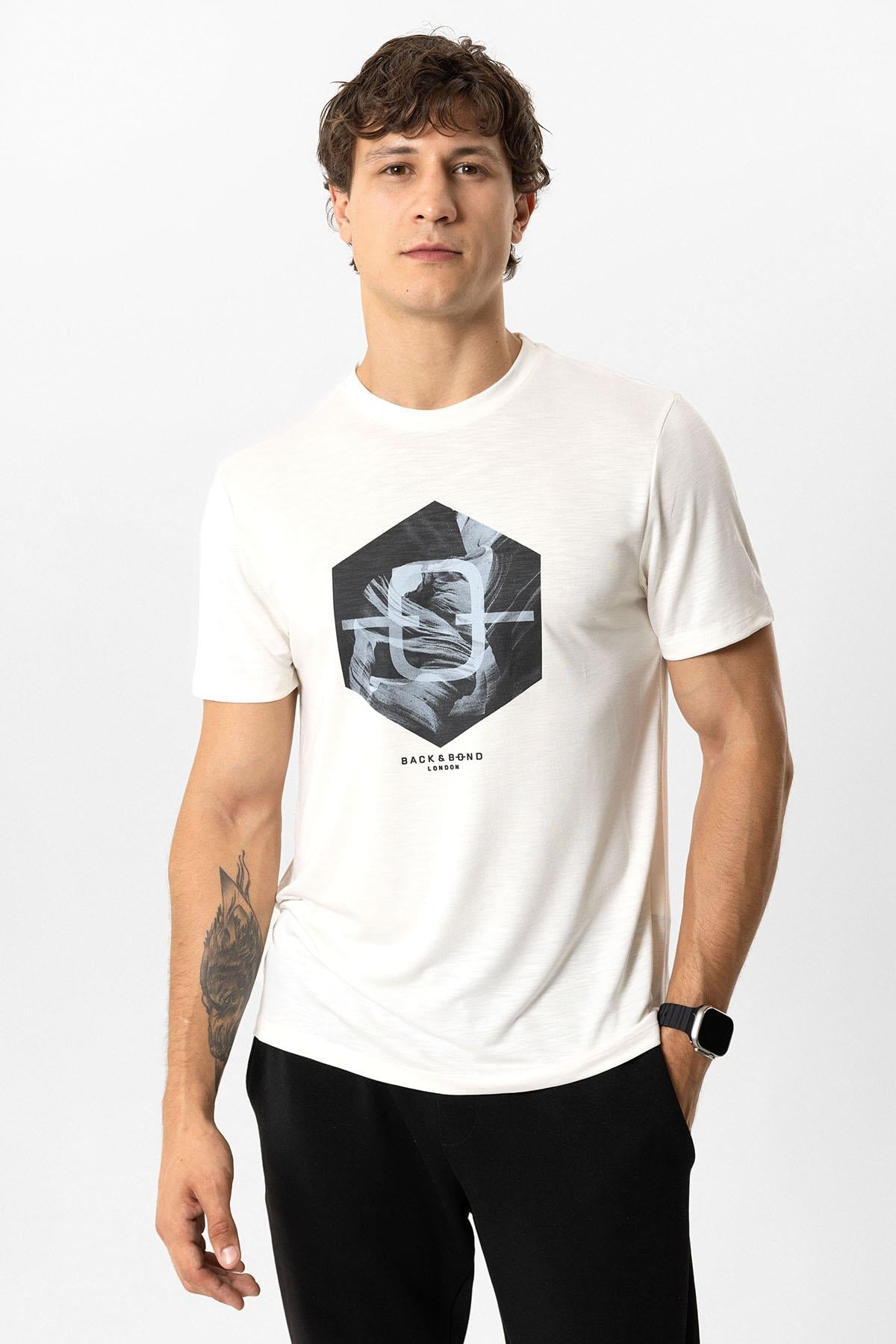 Beyaz Regular Fit Bisiklet Yaka Baskılı Tişört