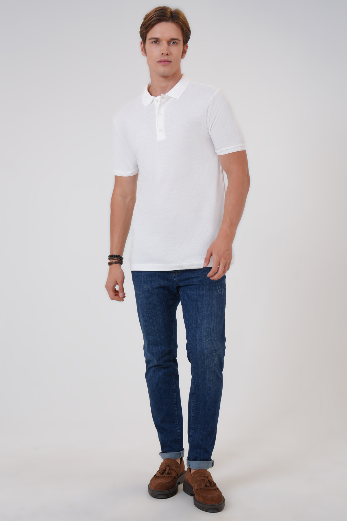 Beyaz Slim Fit Pamuklu Polo Yaka Tişört