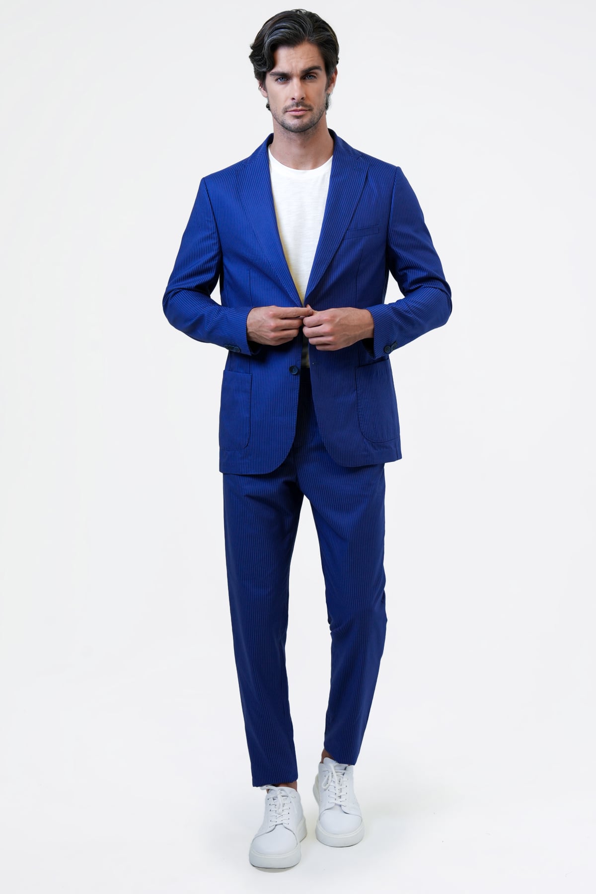 Koyu Lacivert Slim Fit Dar Kesim Mono Yaka Pamuklu Ceket