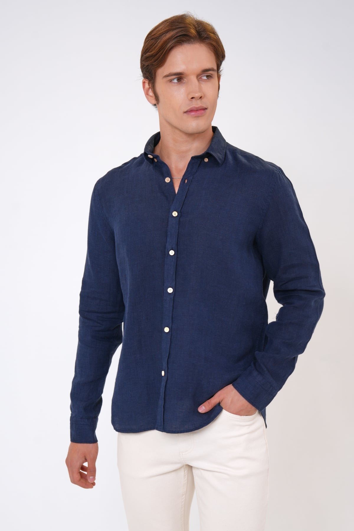 Lacivert Regular Fit Keten Gömlek