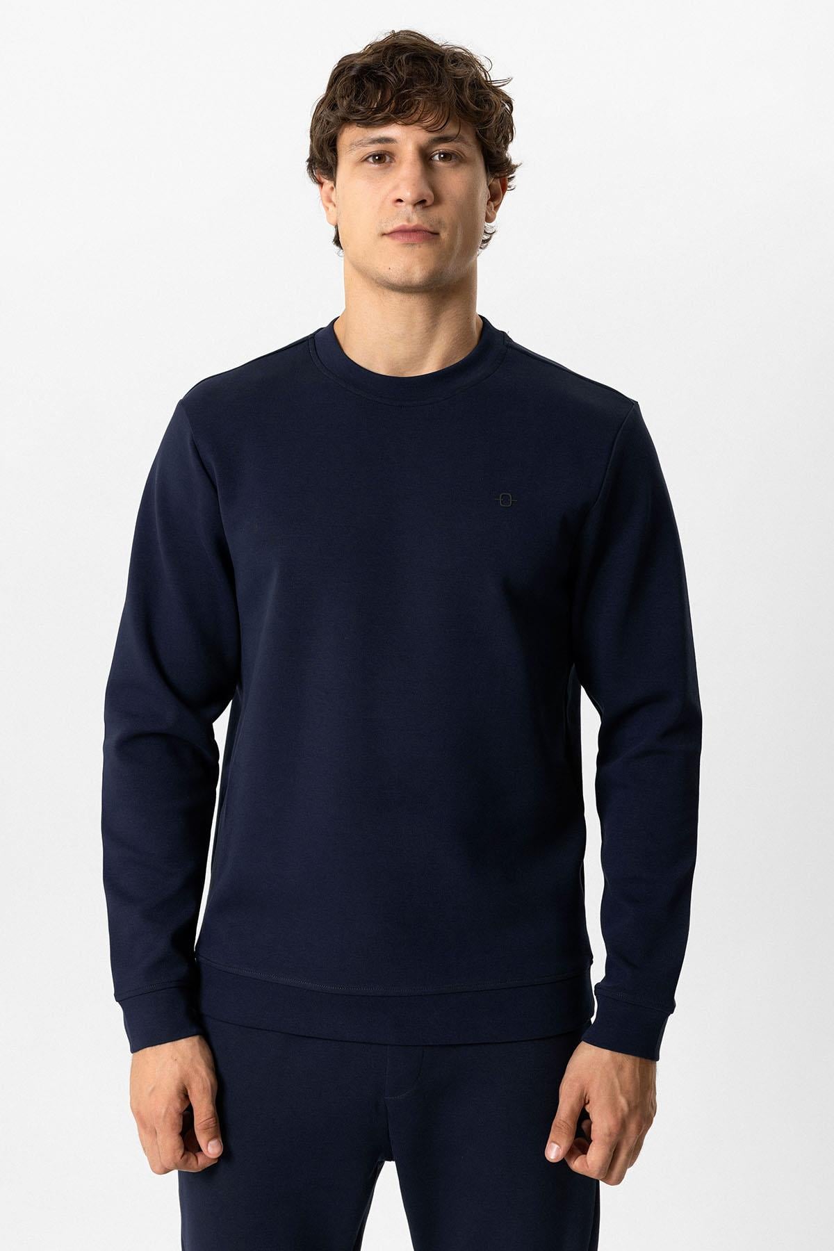 Lacivert Regular Fit Pamuklu Bisiklet Yaka Sweatshirt