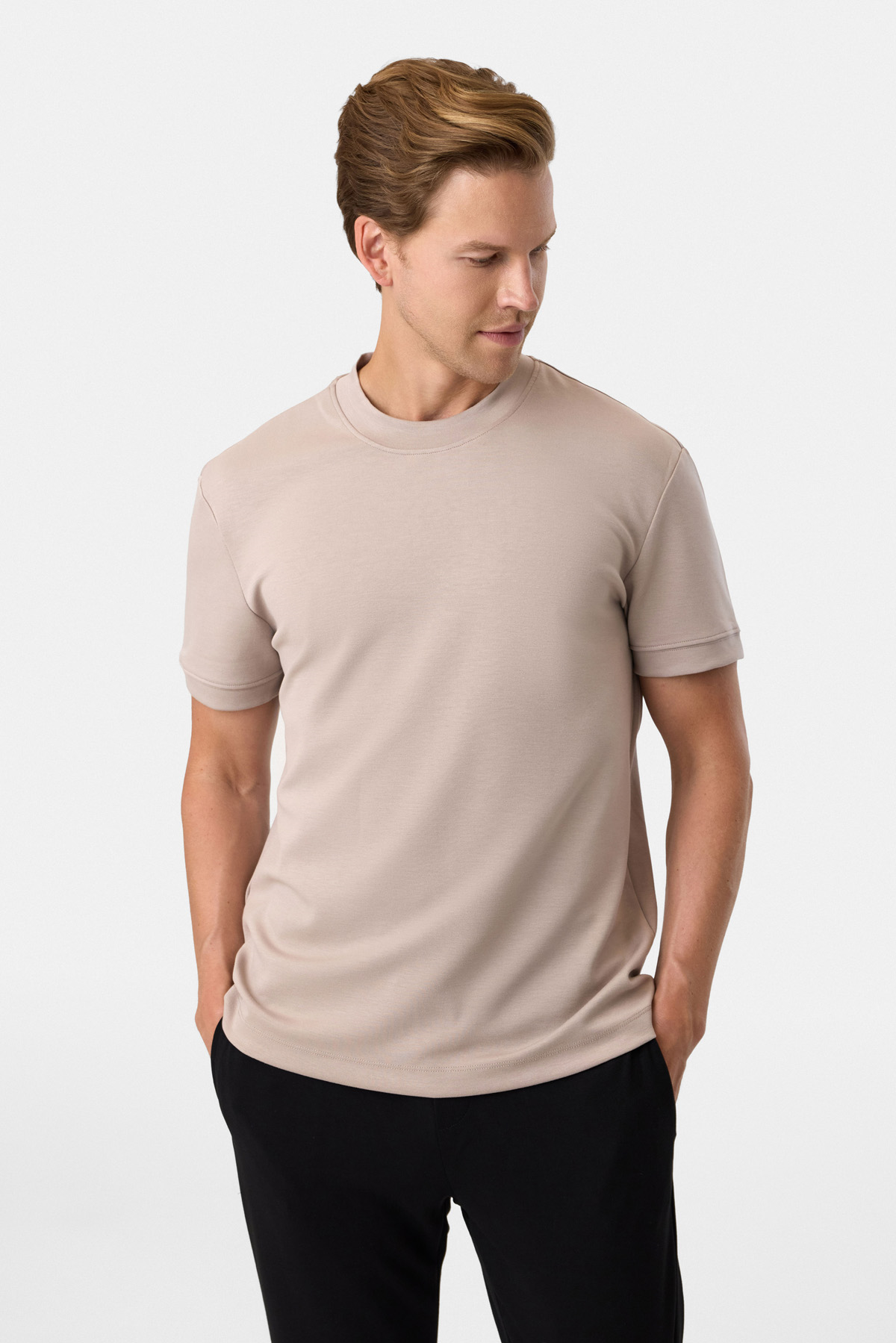 Regular Fit Düğme Yaka Vizon Tişört