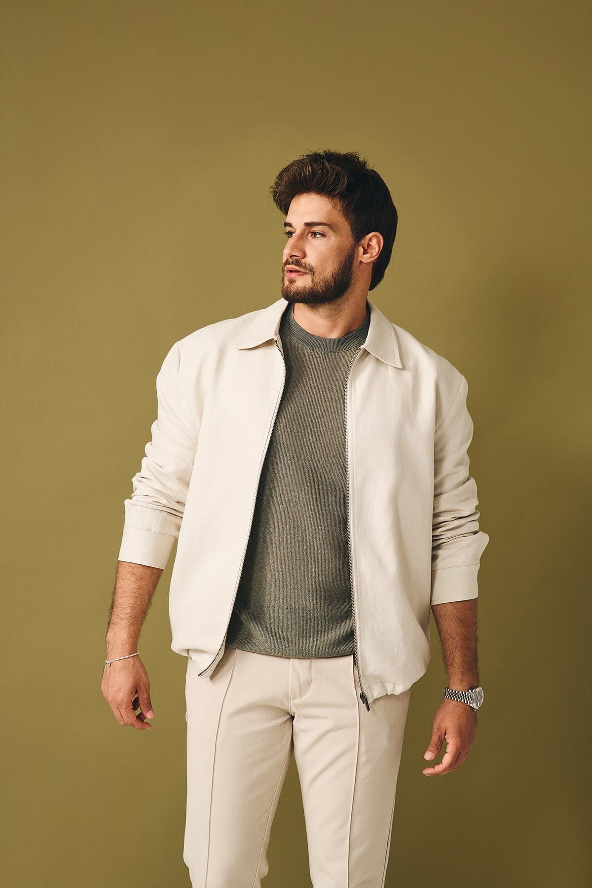 Regular Fit Ekru Fermuarlı Modern Ceket