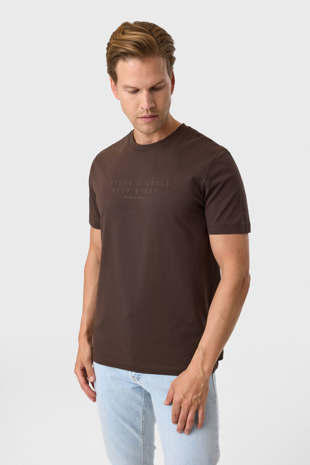 Relaxed Fit Baskılı Kahve Bisiklet Yaka Tişört