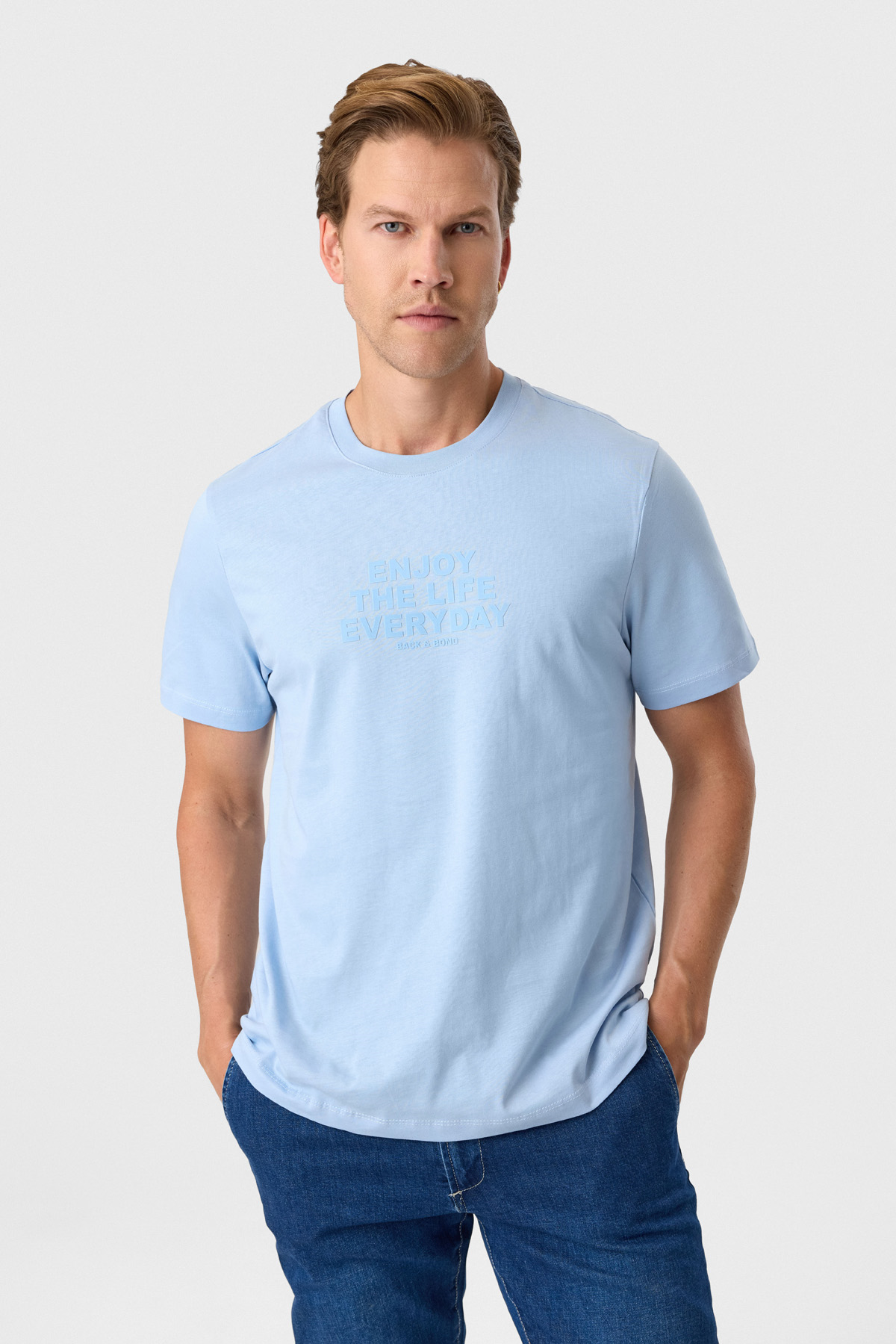 Relaxed Fit Baskılı Mavi Bisiklet Yaka Tişört