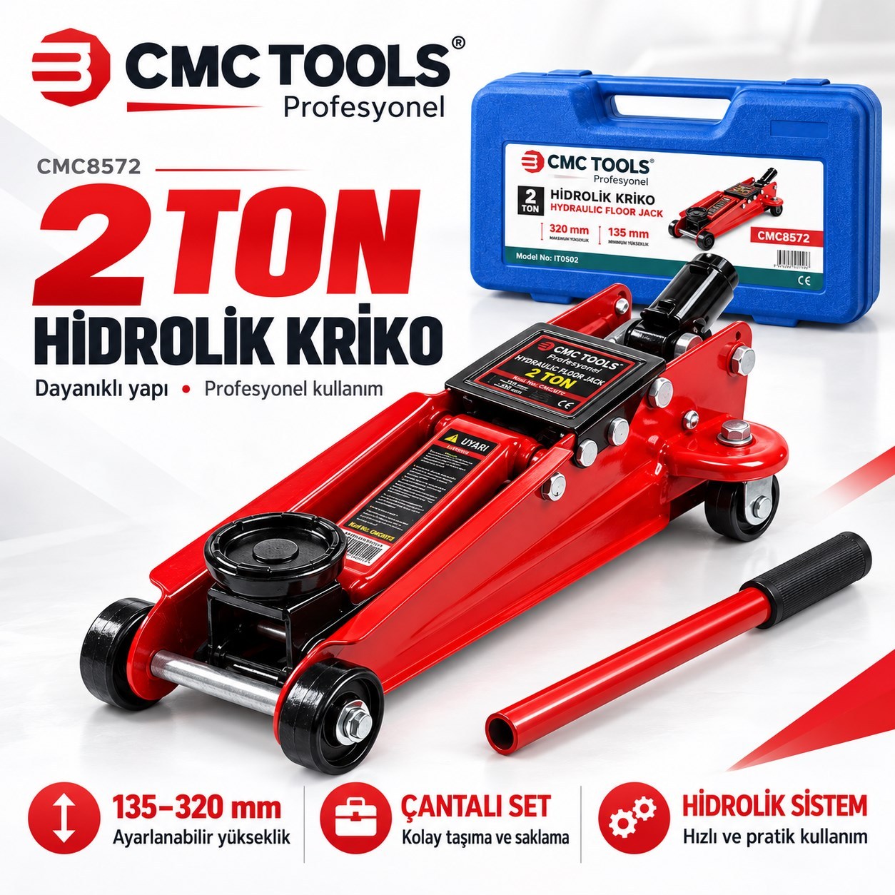 CMC Tools 2 Ton Hidrolik Kriko Arabalı Kriko Taşıma Çantalı 135-320 mmKaldırma EkipmanlarıCMC ToolsMAY-CMC8572CMC Tools 2 Ton Hidrolik Kriko Arabalı Kriko Taşıma Çantalı 135-320 mm