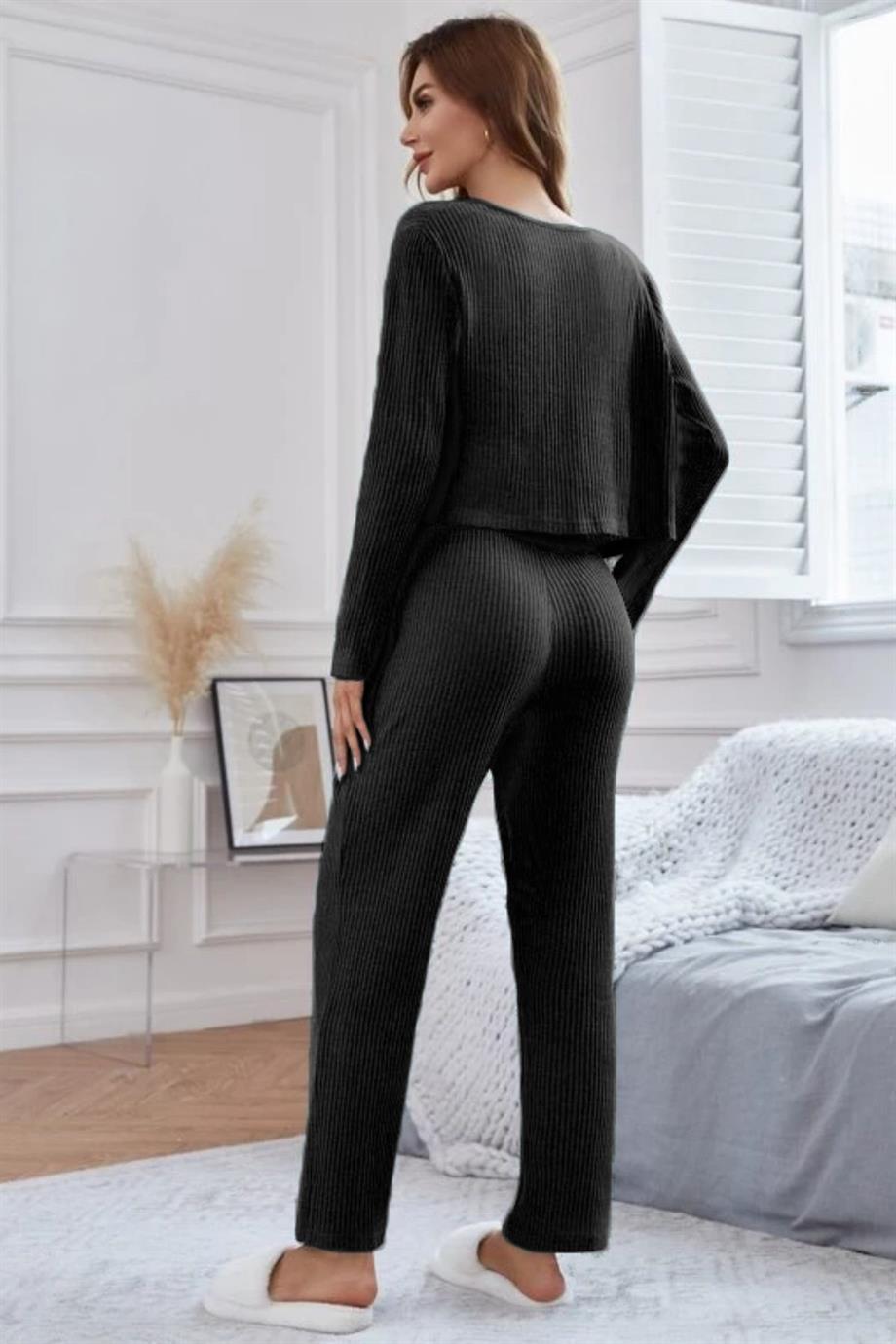 YNT Viskon Siyah 3 Lü Trend Crop Takım 7010