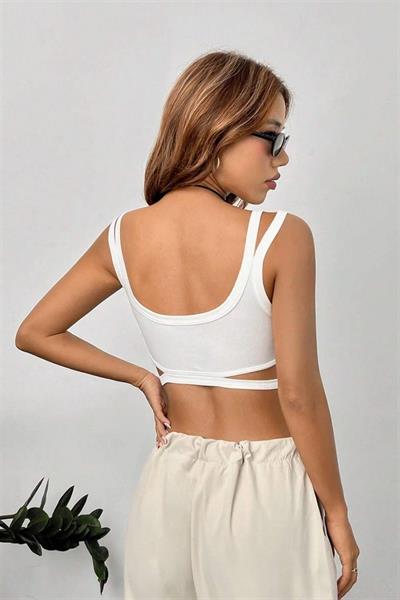 YNT Beyaz Çift Askılı Göğüs Altı Detaylı Crop BN6573B