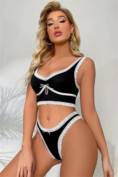 YNT Beyaz Dantelli Siyah Sütyen Külot Takım PR16045