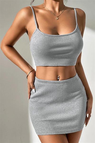 YNT Gri Etekli Crop Takım BN6574G