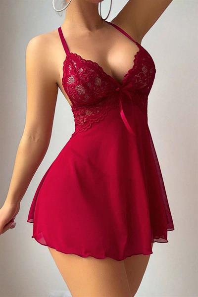 YNT Kırmızı A Kalıp Dantel Detaylı Mini Gecelik 15937