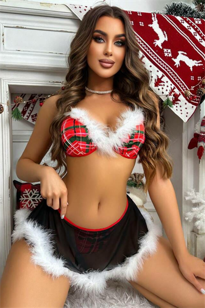 YNT Kırmızı Siyah Tüy Detaylı Yılbaşı Tasarım Gecelik 16057