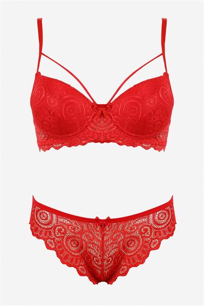 YNT Kırmızı Dantelli Tek İp Detaylı Şık Sütyen Takım 19012