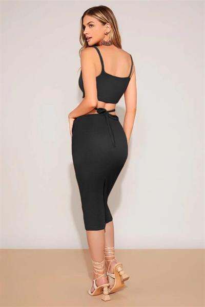 YNT Siyah Belden İp Detaylı Etek Crop Takım BN6575S 