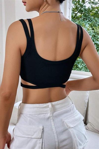 YNT Siyah Çift Askılı Göğüs Altı Detaylı Crop BN6573S