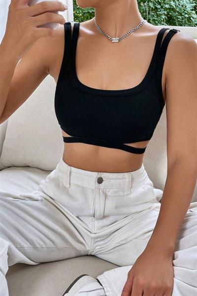 YNT Siyah Çift Askılı Göğüs Altı Detaylı Crop BN6573S