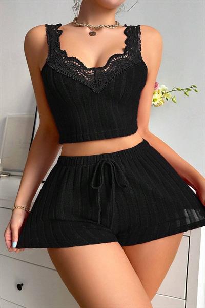 YNT Siyah Pamuklu Dantel Yakalı Şort Takım 7573