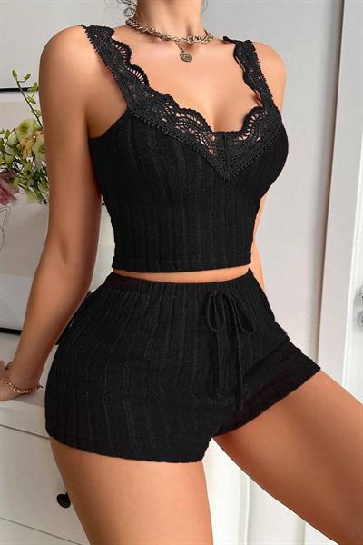 YNT Siyah Pamuklu Dantel Yakalı Şort Takım 7573