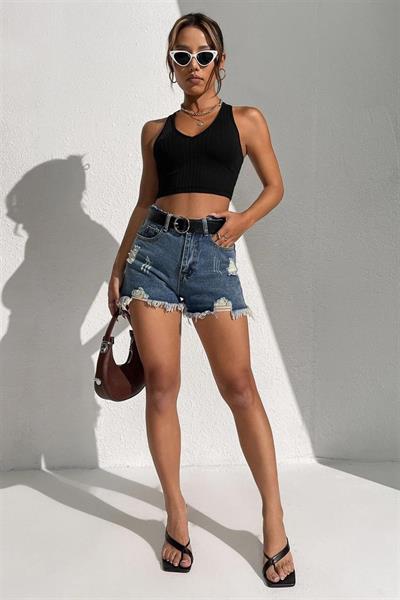 YNT Siyah V Yakalı Crop BN6566S