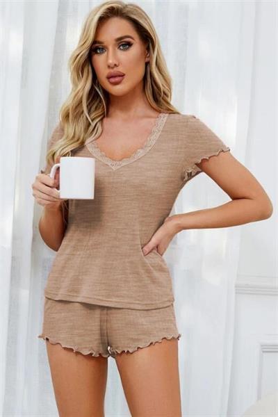 YNT Viskon Koyu Krem Dantel Detaylı Kısa Kollu Şortlu Takım 7501