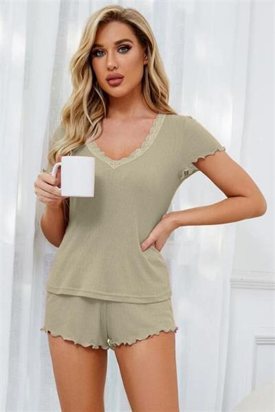YNT Viskon Mint Yeşili Dantel Detaylı Kısa Kollu Şortlu Takım 7502