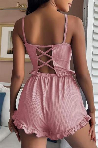 YNT Viskon Pudra Çapraz İp Detaylı Şık Şortlu Takım 7503