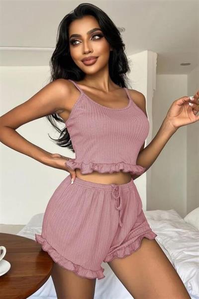 YNT Viskon Pudra Çapraz İp Detaylı Şık Şortlu Takım 7503