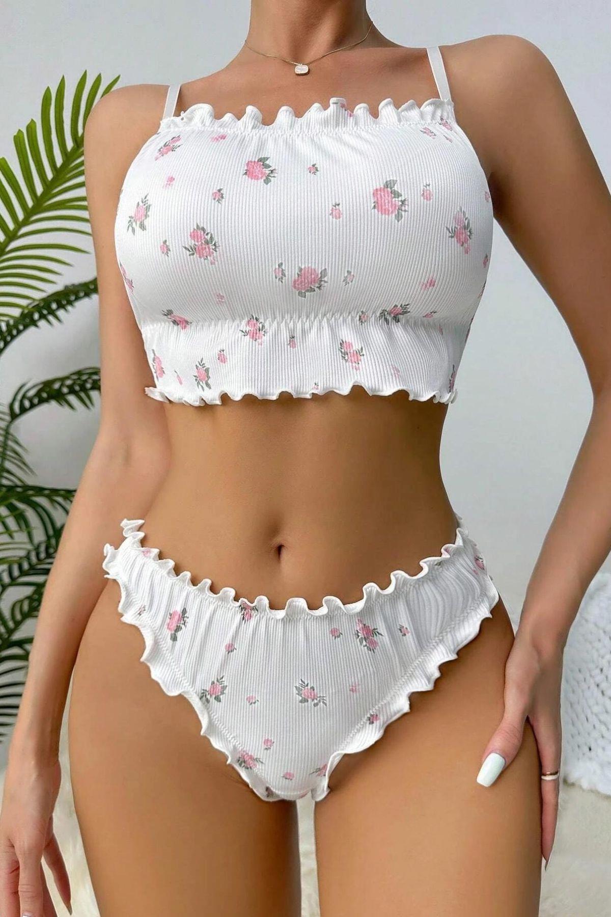 Bella Notte Beyaz Çiçek Desenli Marum Trim Alt Üst Takım 16088