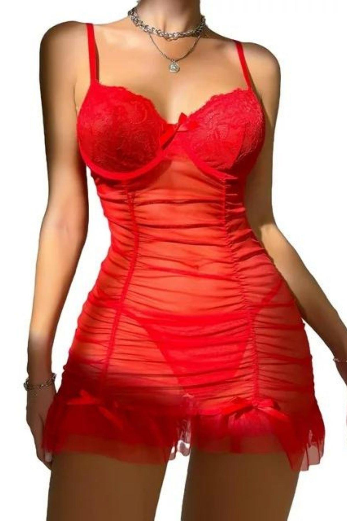 Bella Notte Kırmızı Likralı Transparan Tül Gecelik 15556