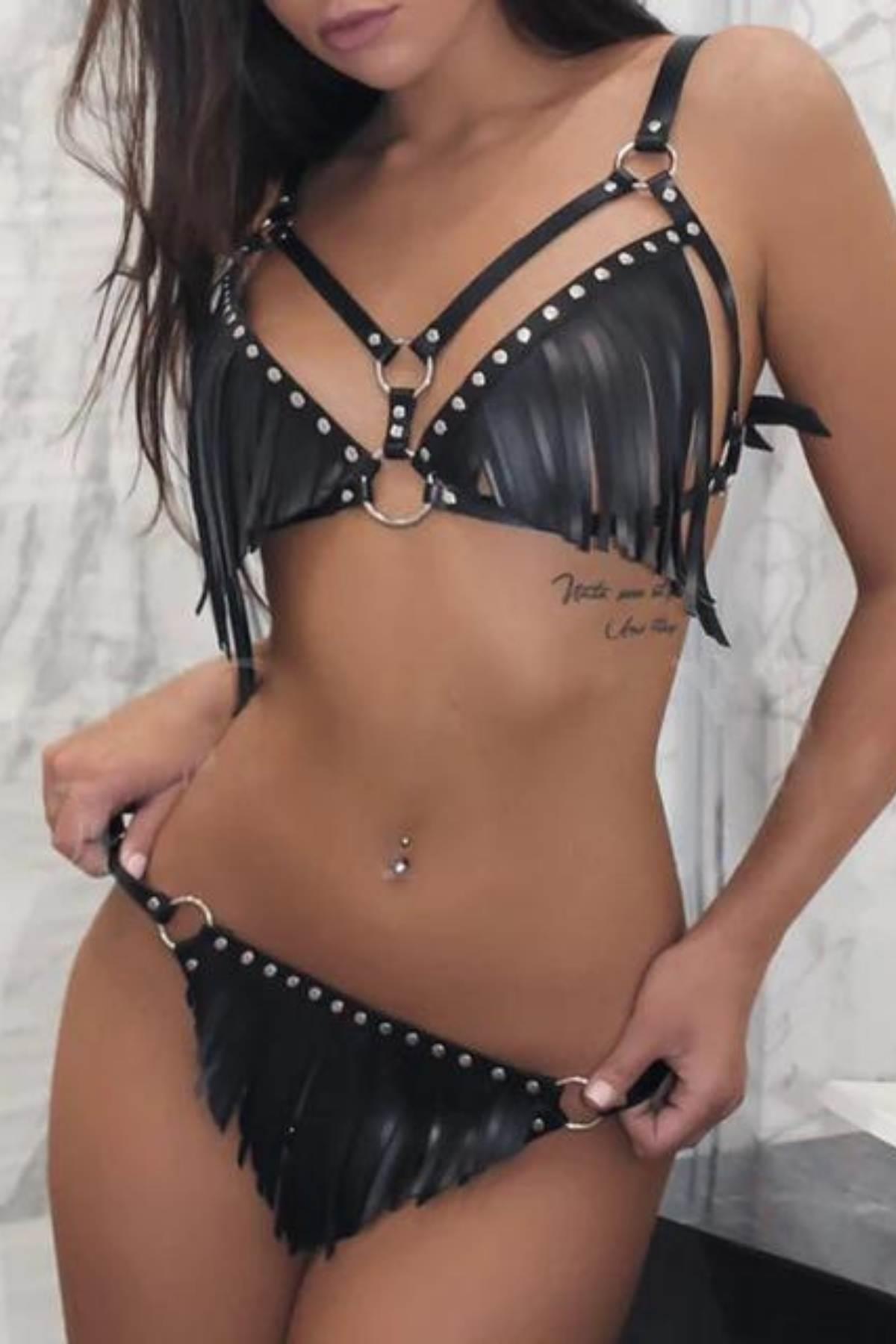 Bella Notte Siyah Deri Püsküllü Harness Takım GD-2142S